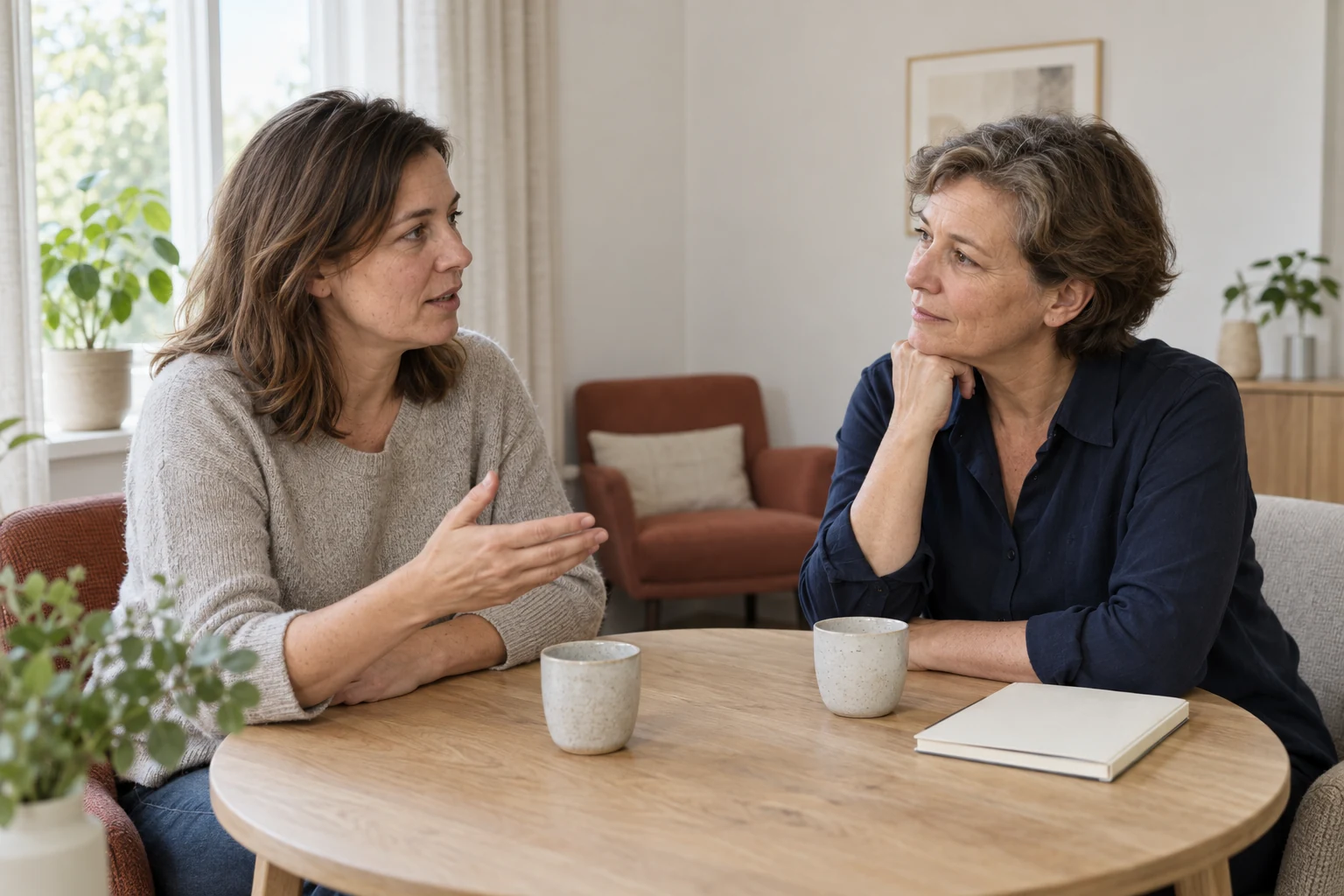 Illustratief beeld van een aandachtig kennismakingsgesprek aan tafel