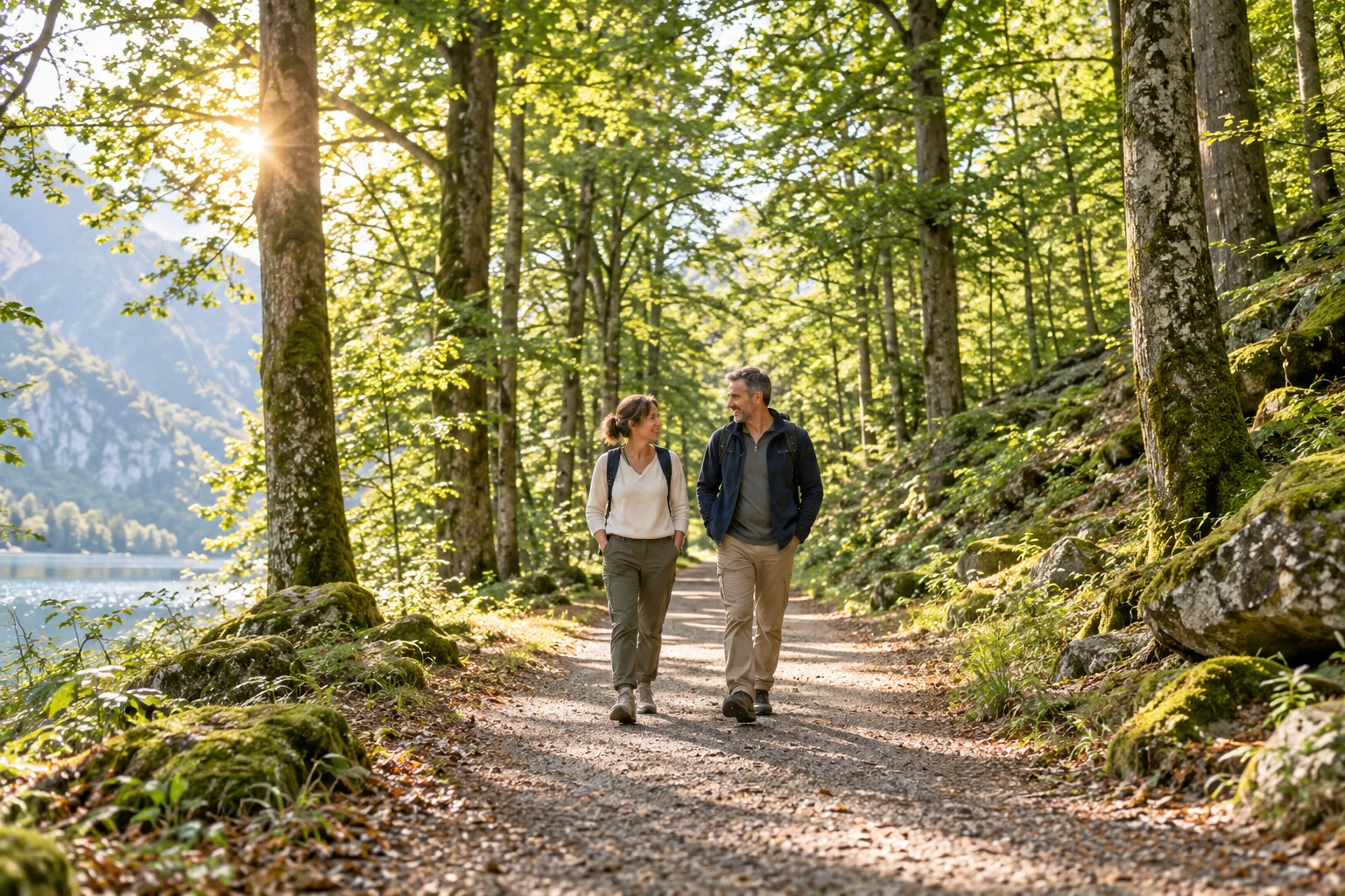 Two adults smiling as they walk through an open, sunny forest