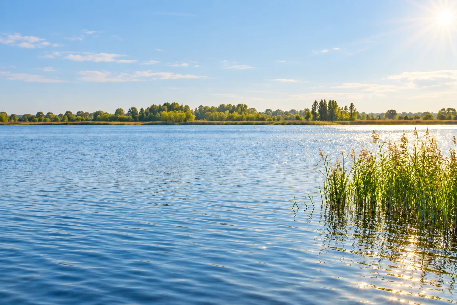 Sunny lake with fresh green reeds and warm morning light on the water