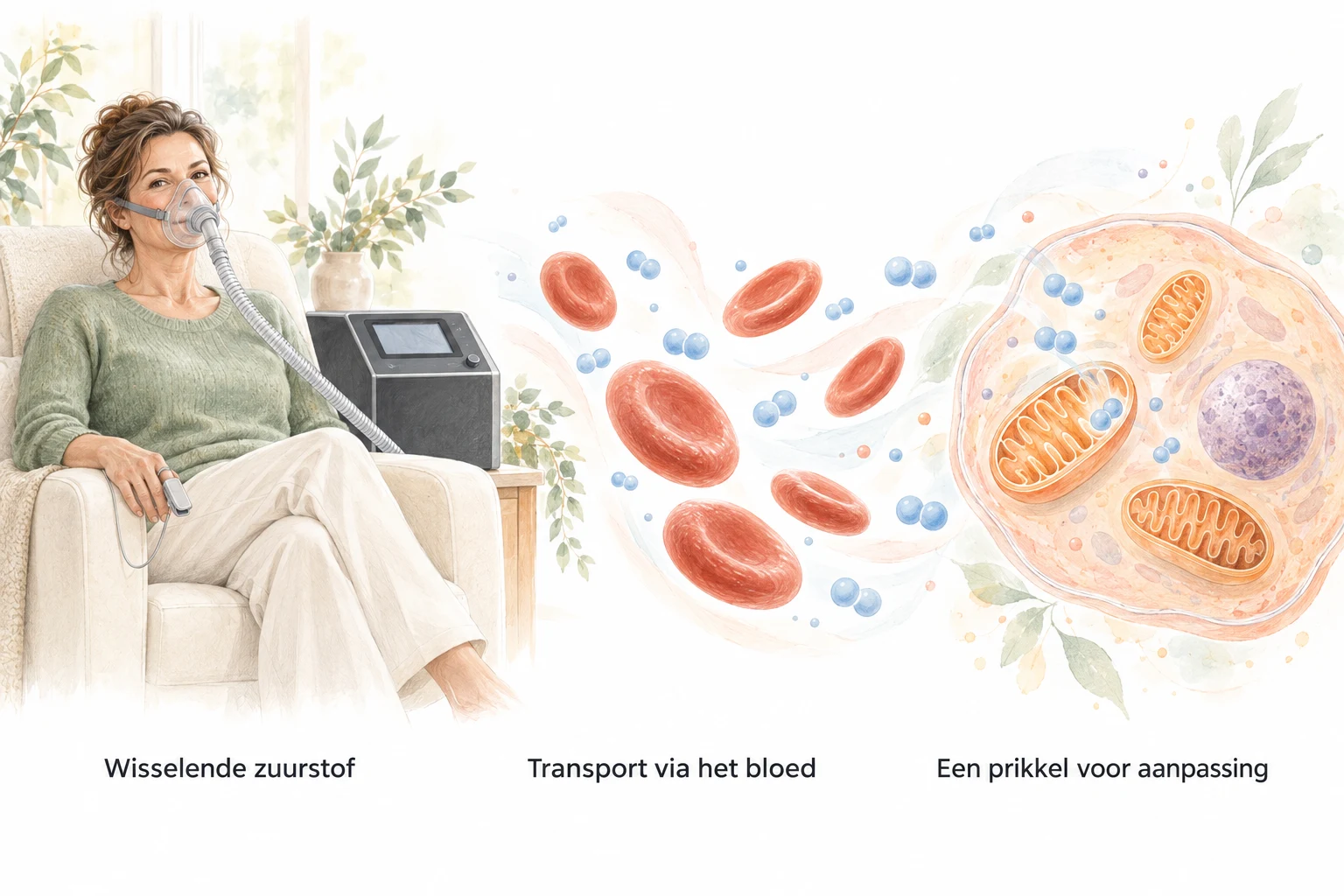 Getekende uitleg: een persoon met ademmasker, rode bloedcellen voor zuurstoftransport en een uitvergrote cel met mitochondriën.
