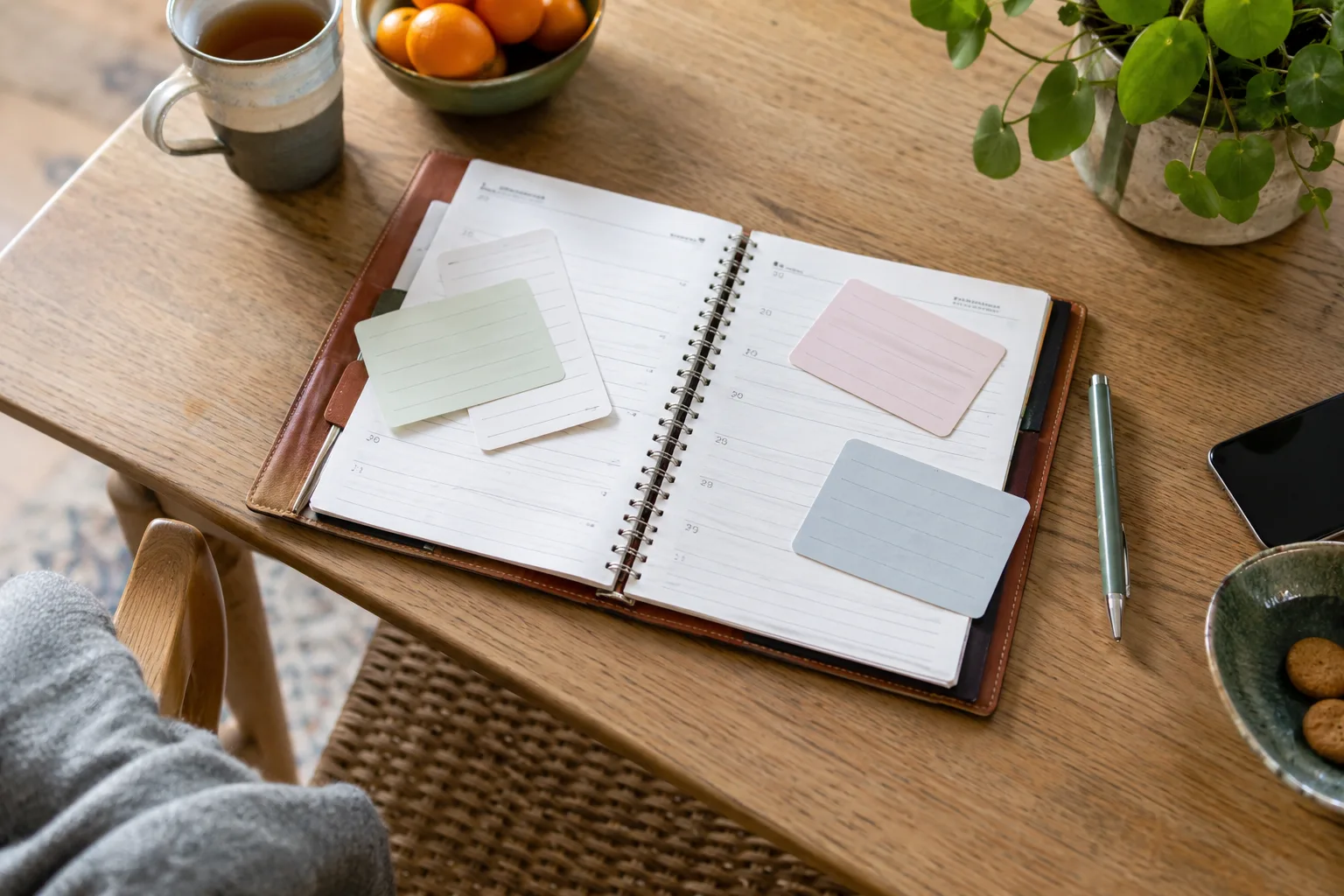 Een open papieren agenda met losse afspraakkaartjes en een pen op een rustige keukentafel, van boven gefotografeerd.