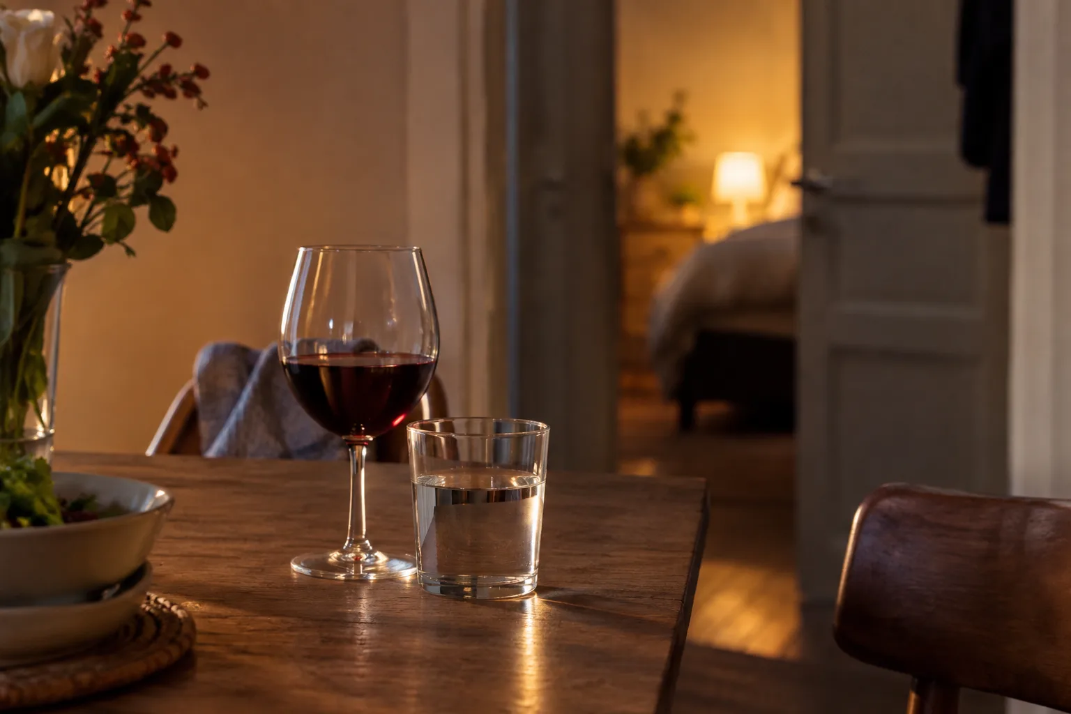 Een halfvol wijnglas en een glas water op een eettafel in warm avondlicht, met een slaapkamergang onscherp op de achtergrond.