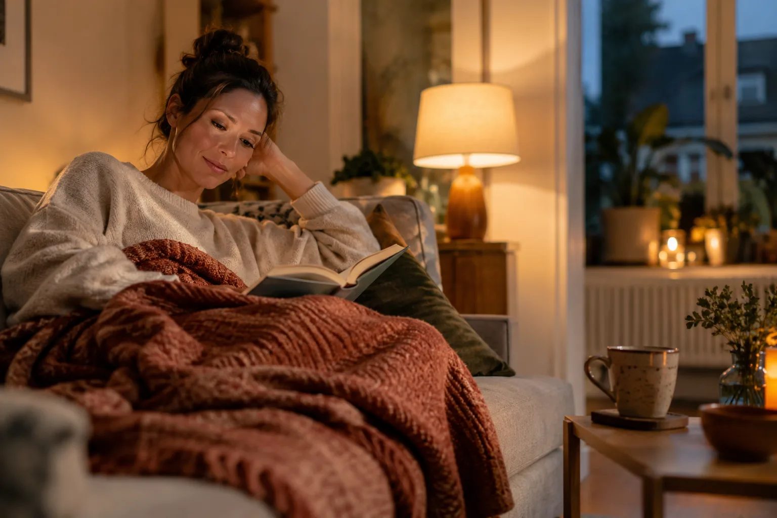 Een opengeslagen boek, warme tafellamp en zachte plaid in een rustige woonkamer in de avond.