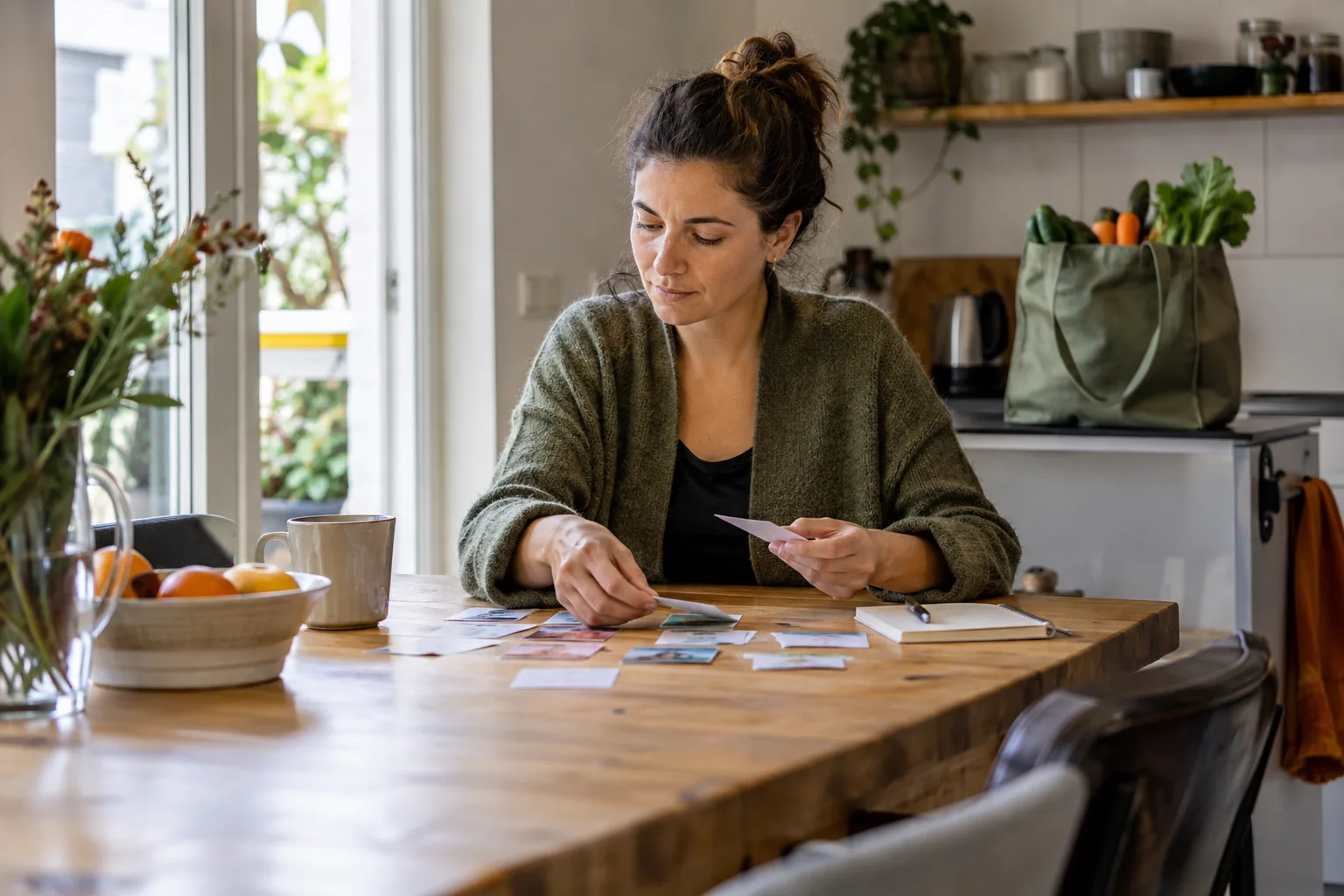 Een vrouw maakt aan de keukentafel een eenvoudige dagplanning met kaartjes, terwijl een tas en boodschappen op de achtergrond staan.