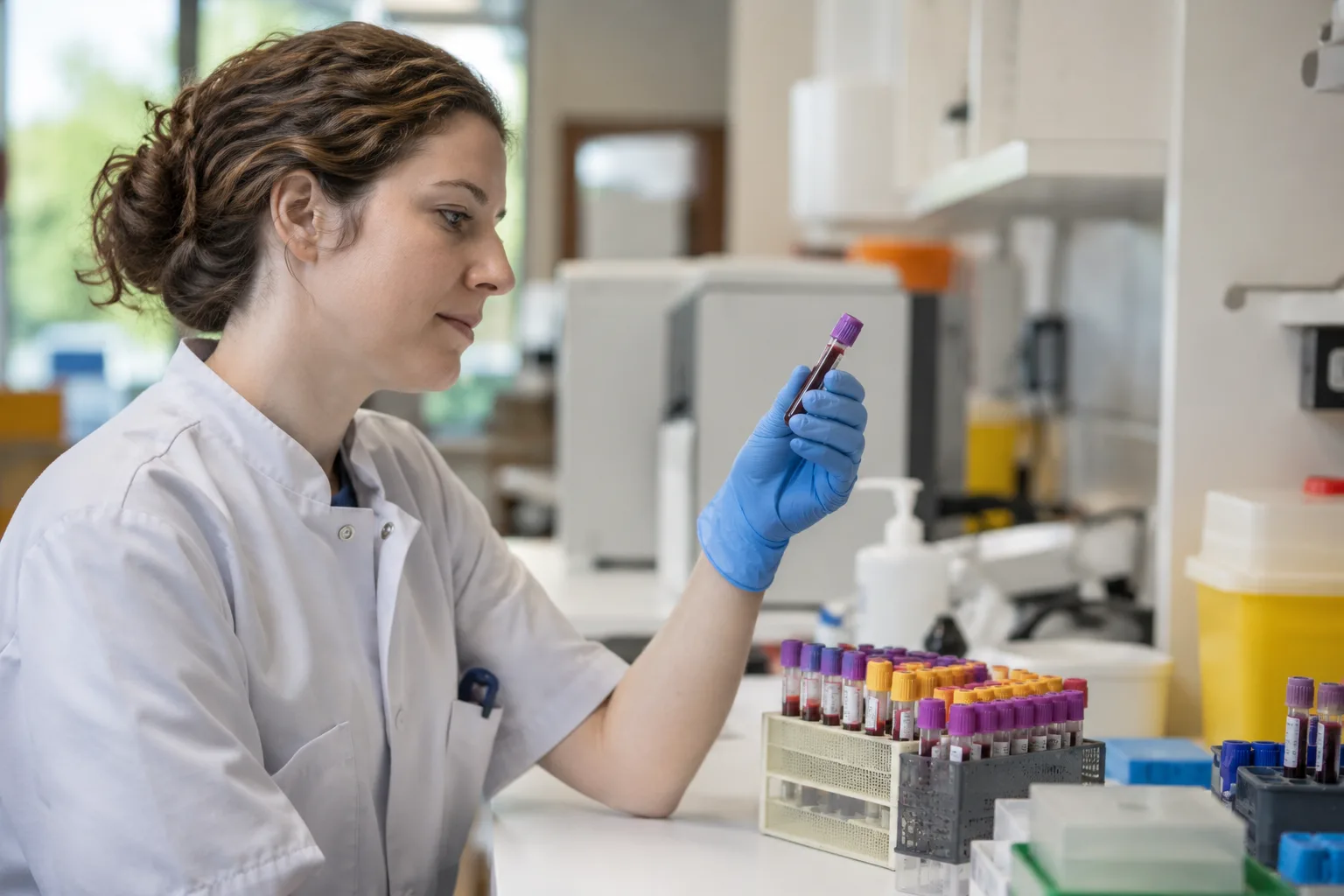 Een laboratoriummedewerker houdt een gesloten bloedbuisje in gehandschoende hand naast een buisjesrek, geen bloedafname of prik.