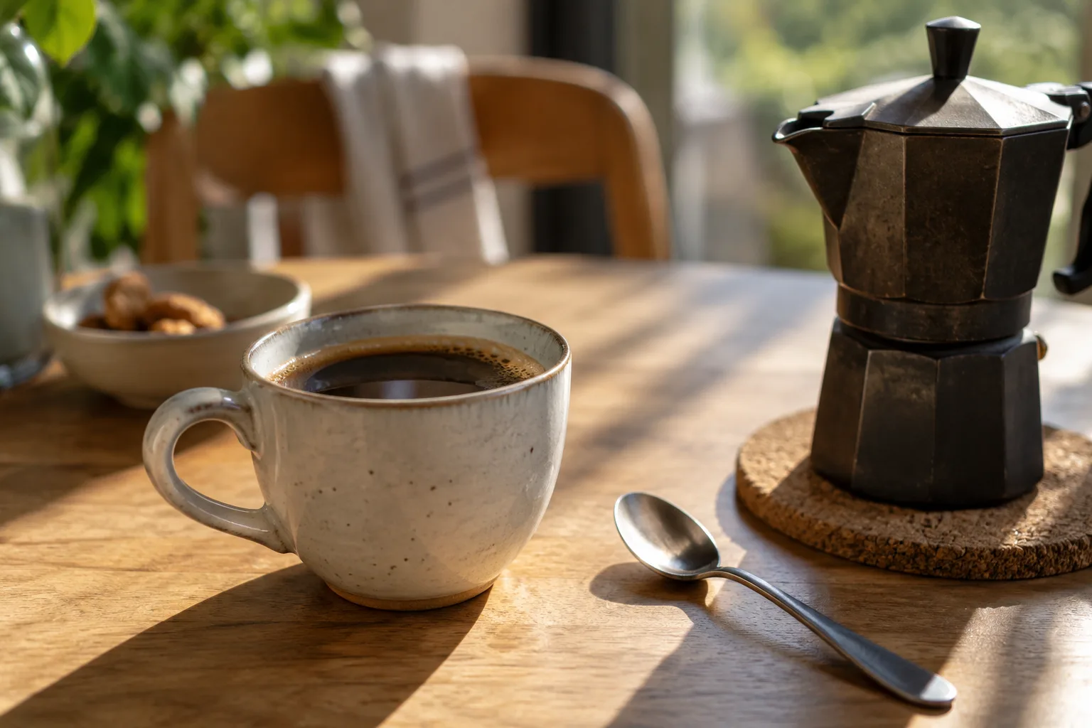 Een kop zwarte koffie naast een koffielepel en kleine koffiepot op een zonnige tafel, scherpe detailfotografie.