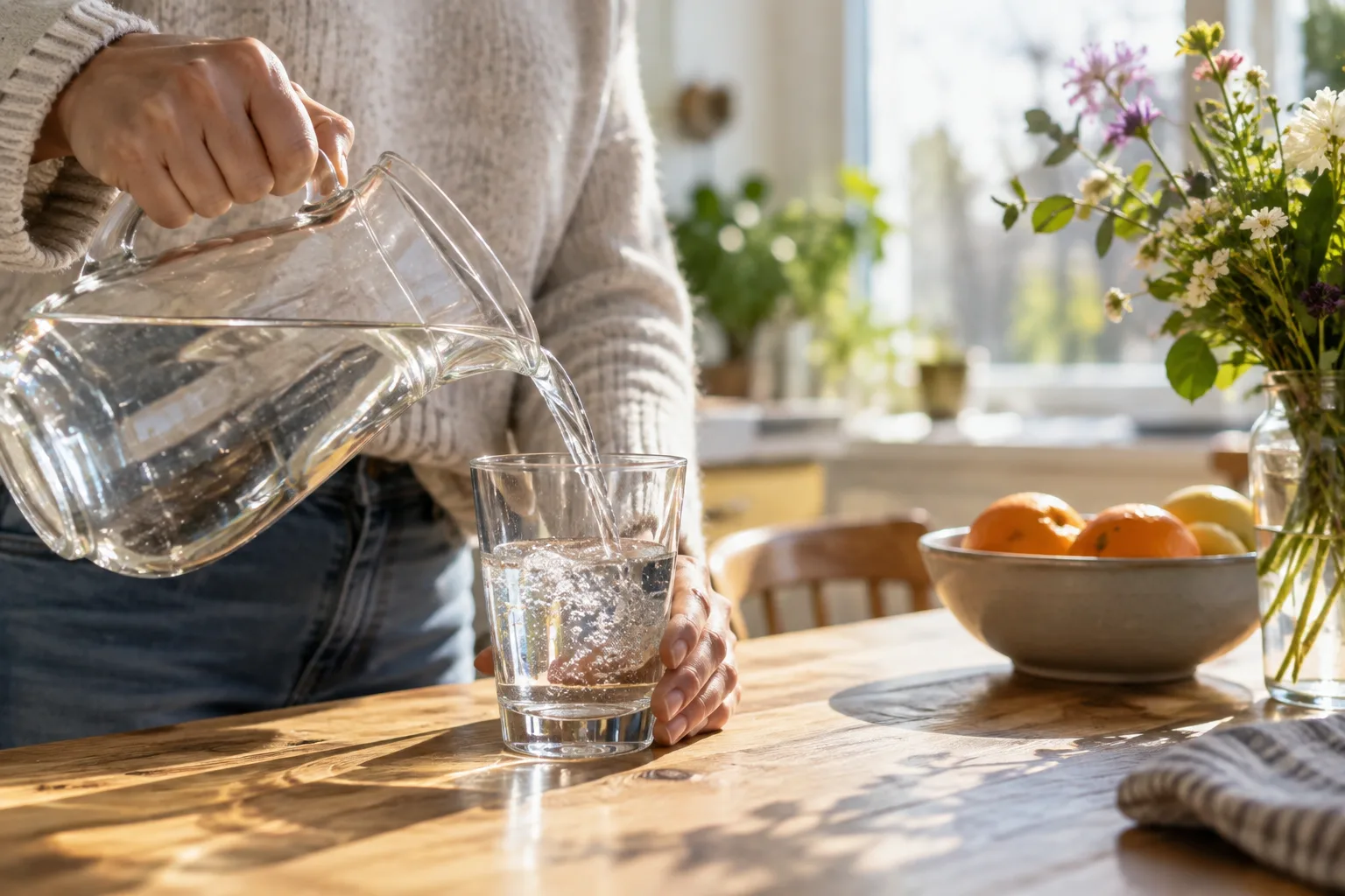 Een hand vult een helder glas water uit een kan op een zonnige keukentafel.