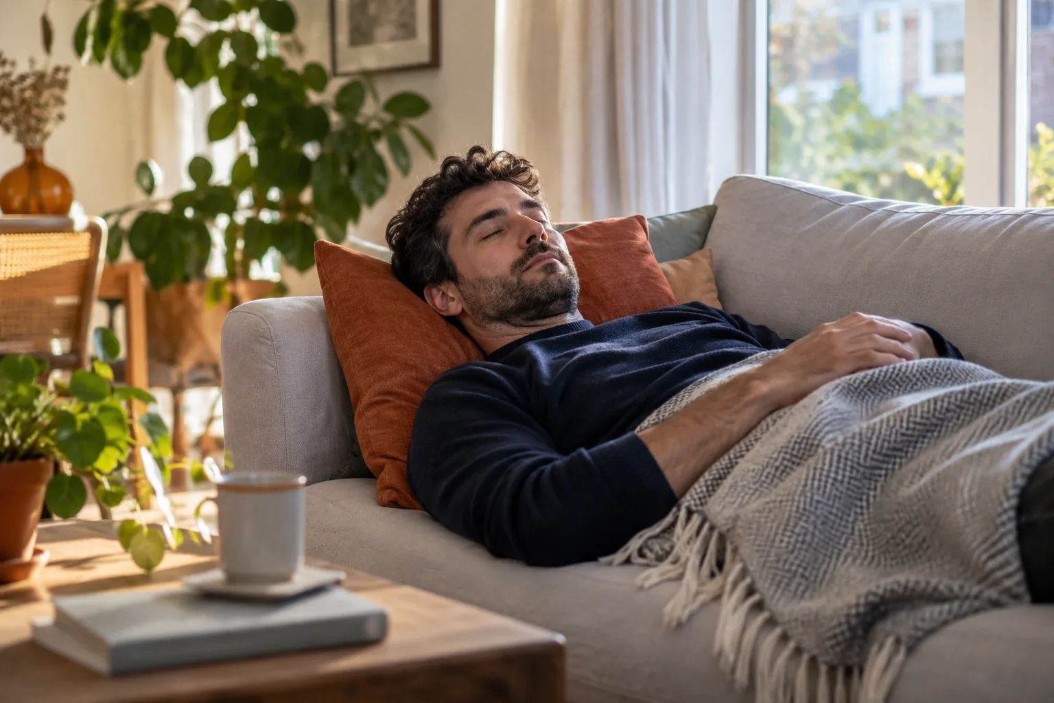 Een volwassen man rust kort op een comfortabele bank met een dun plaid, helder natuurlijk middaglicht.