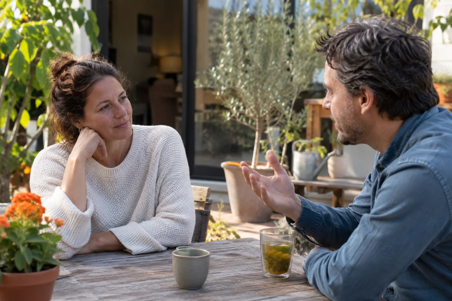 Twee volwassenen in een rustig gesprek op een zonnig terras; de ene luistert terwijl de andere met een ontspannen handgebaar iets uitlegt.