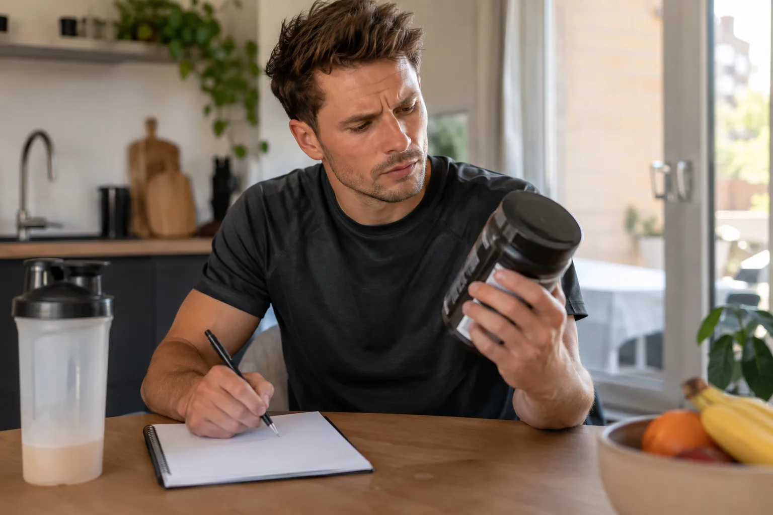 Een sporter bekijkt kritisch een productverpakking met onleesbare tekst; een notitieboek met vragen ligt naast hem.