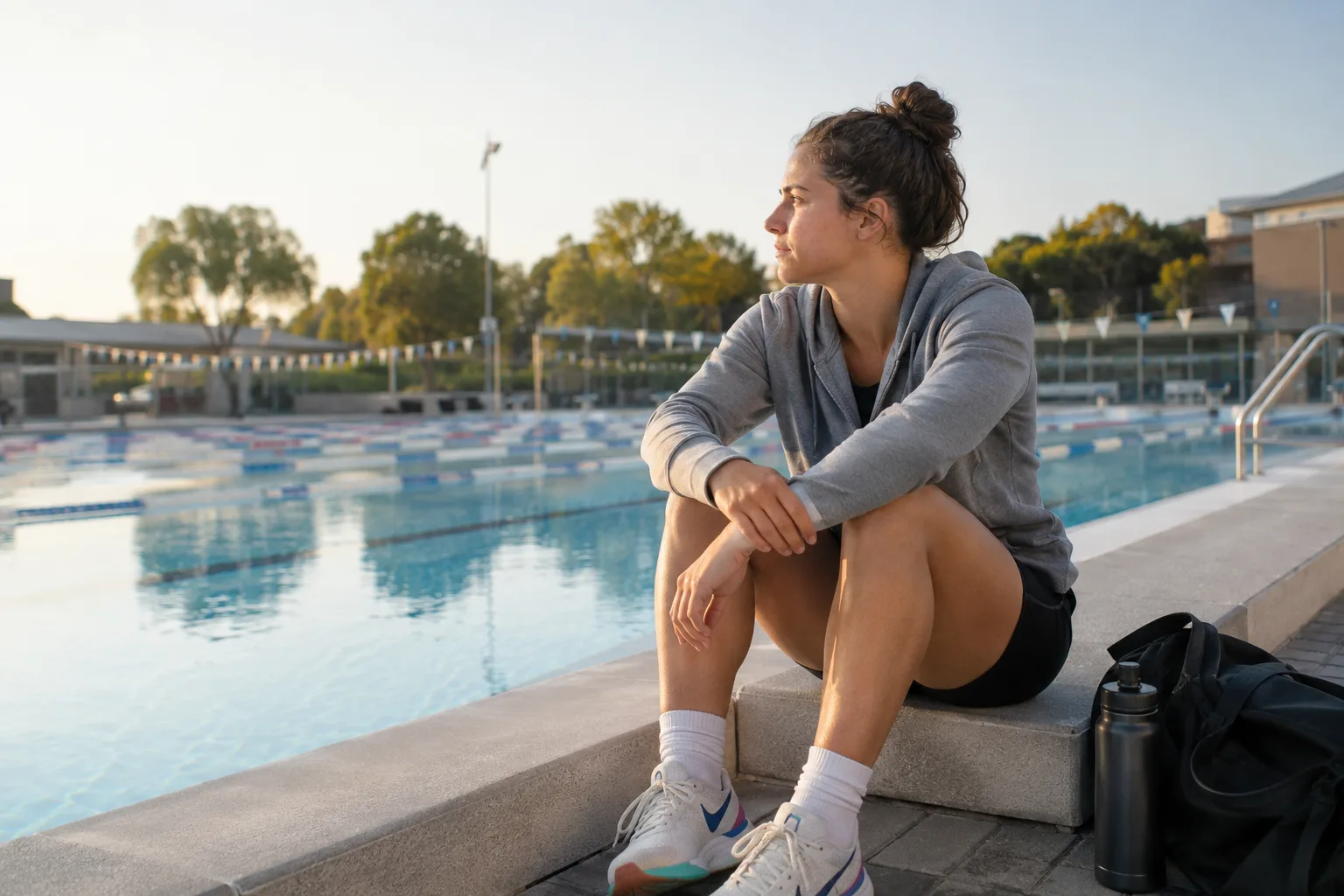 Een zwemmer zit in gewone sportkleding aan de rand van een buitenbad, zonder te trainen, in zacht ochtendlicht.