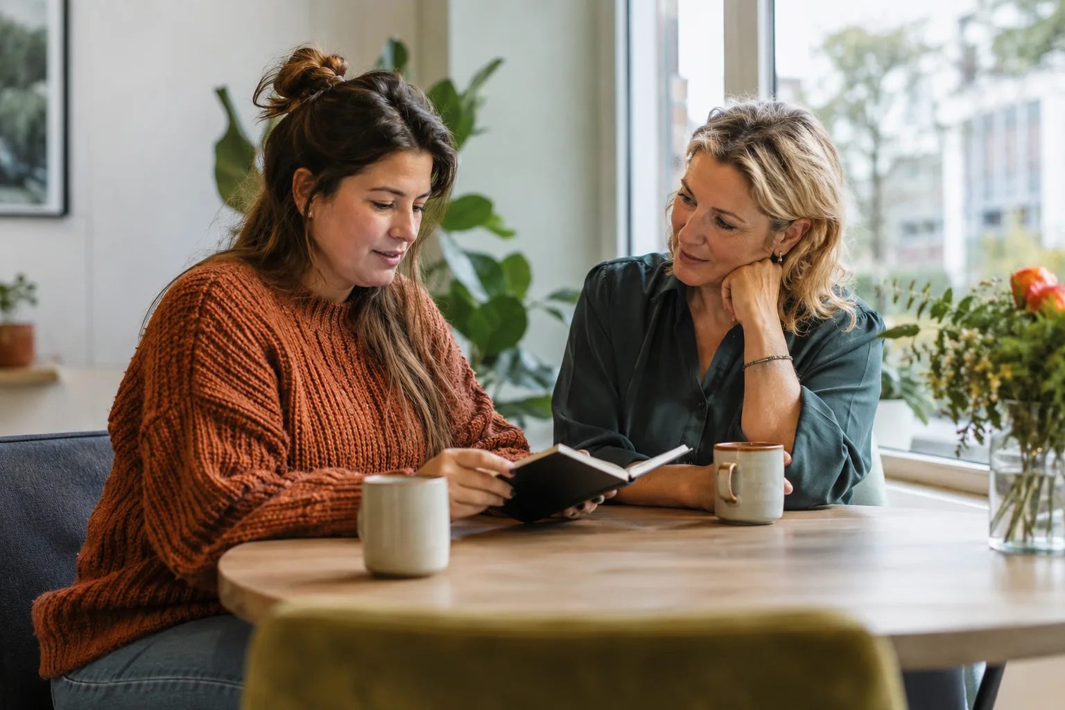 Een vrouw kijkt met een begeleider naar een kort persoonlijk notitieboekje, aan een ronde tafel bij het raam.