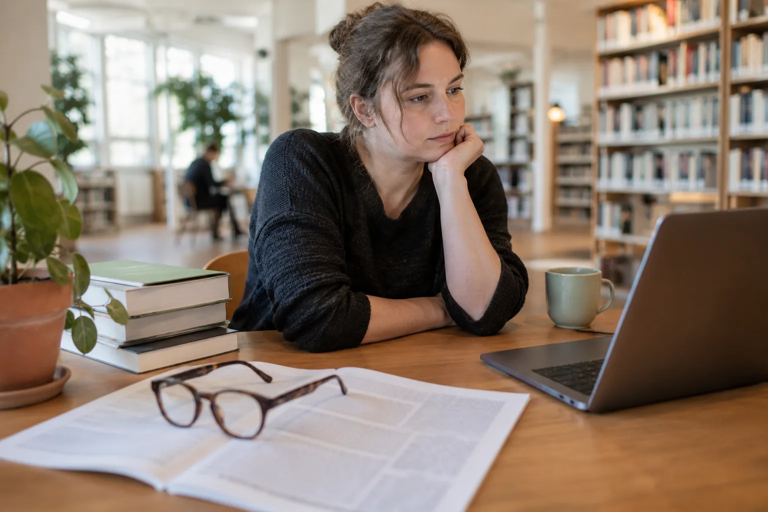 Een vrouw bestudeert een onderzoeksartikel aan een tafel met een laptop.