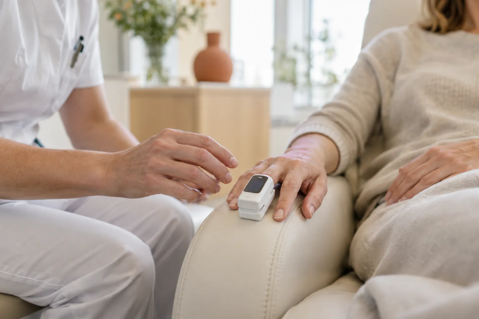 Een begeleider controleert een saturatiemeter aan de vinger van een zittende vrouw.