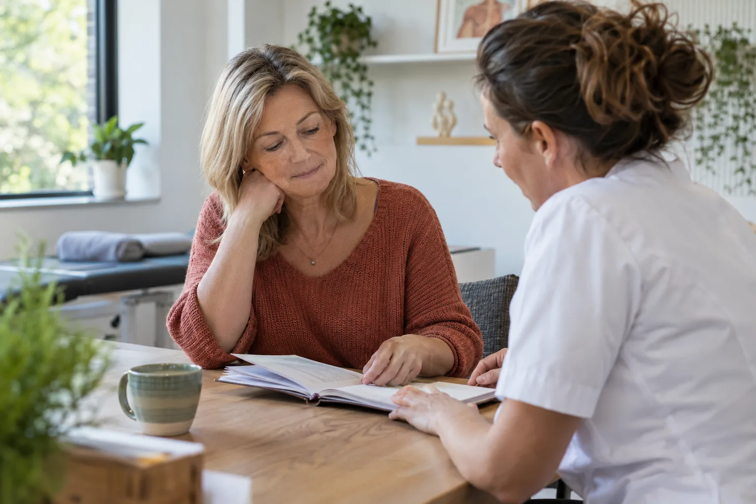 Een vrouw bespreekt haar eigen aantekeningen met een zorgverlener.
