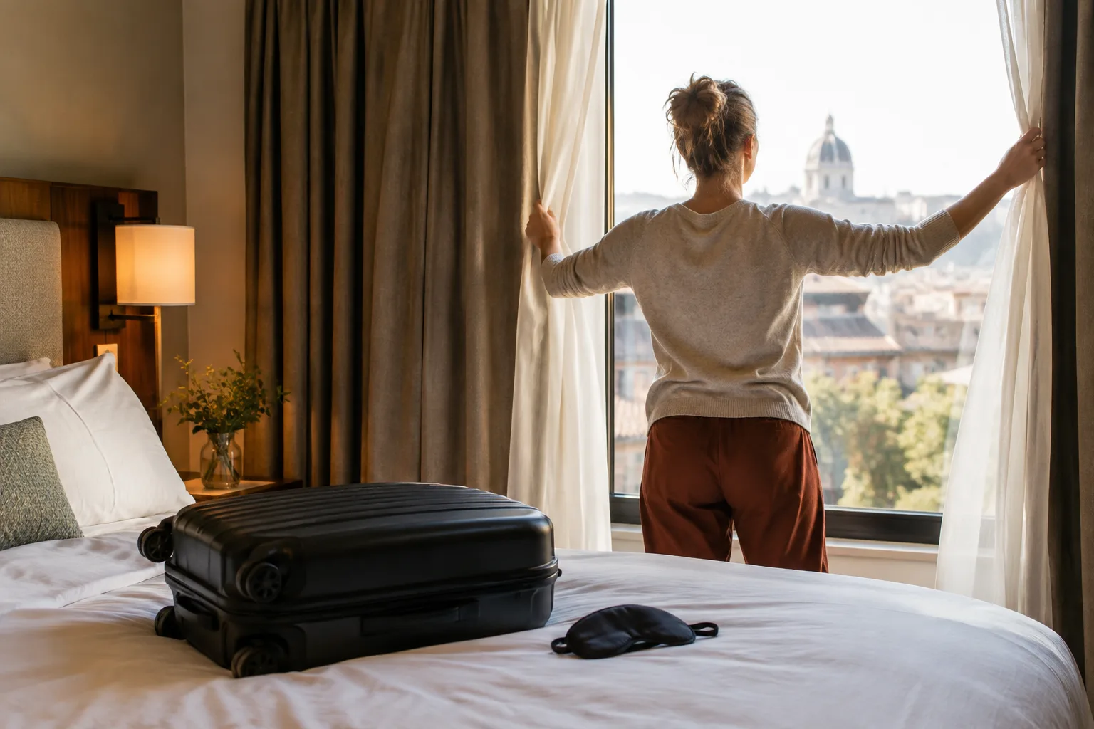 Een reiziger opent in een hotelkamer de gordijnen; een kleine koffer en oogmasker liggen op het bed.
