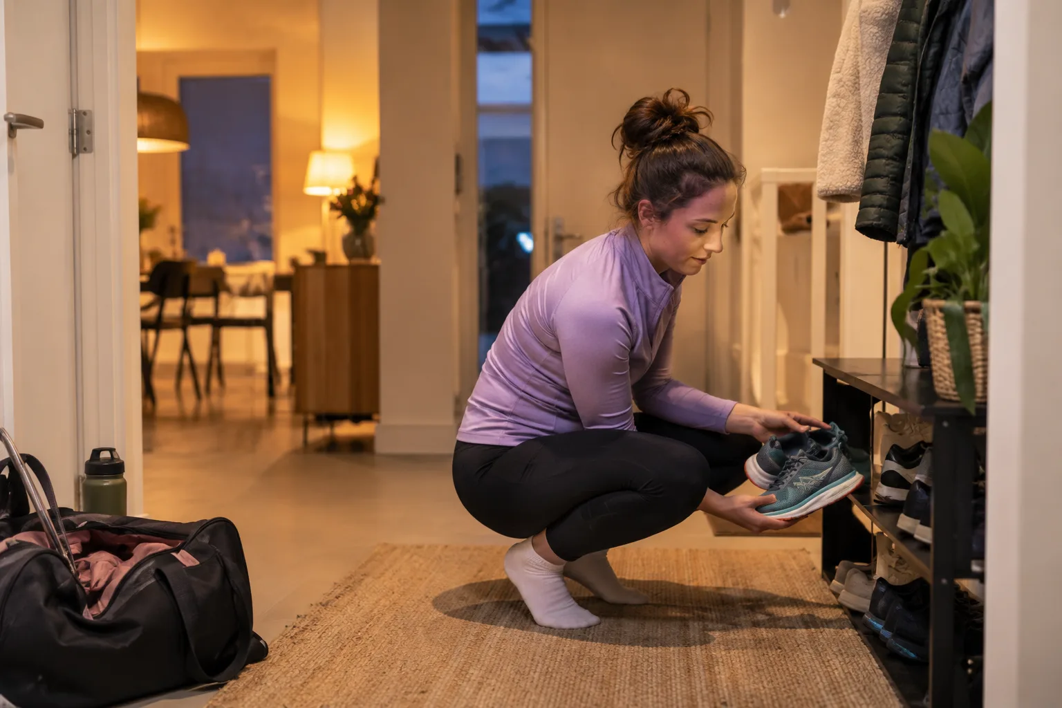 Een vrouw ruimt sportschoenen op in een lichte hal in de vroege avond, met een sporttas en warme lamp op de achtergrond.