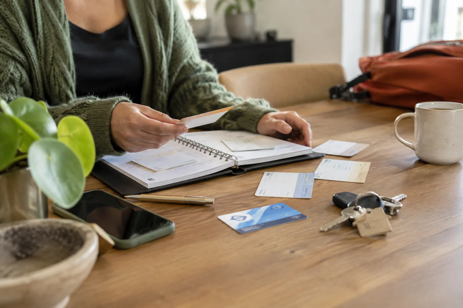 Een agenda met afspraakkaartjes, een ov-kaart en huissleutels op tafel toont de voorbereiding van een zorgafspraak.
