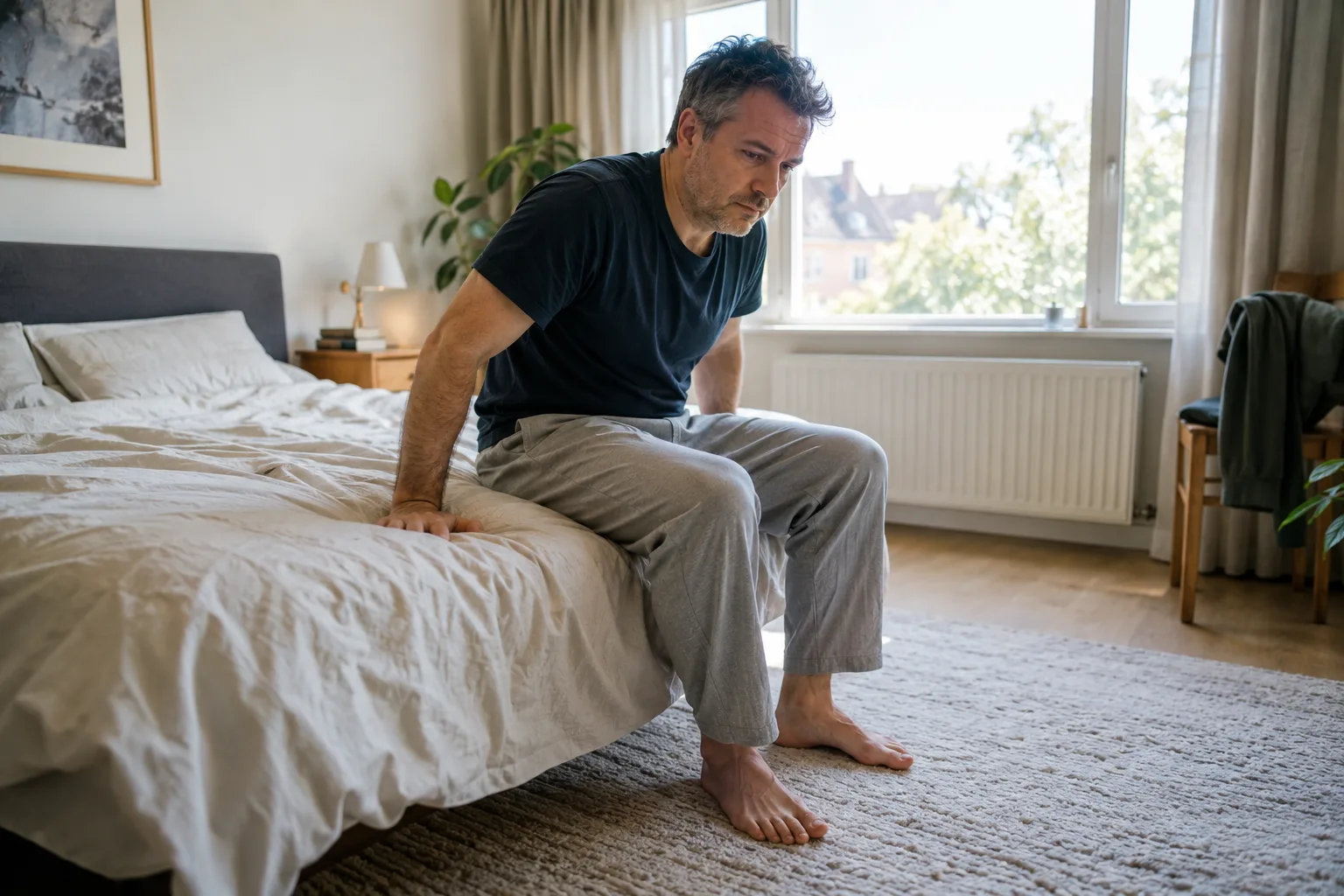 Een man zit veilig op de rand van een bed met één hand op het matras en beide voeten op de vloer, voordat hij opstaat.