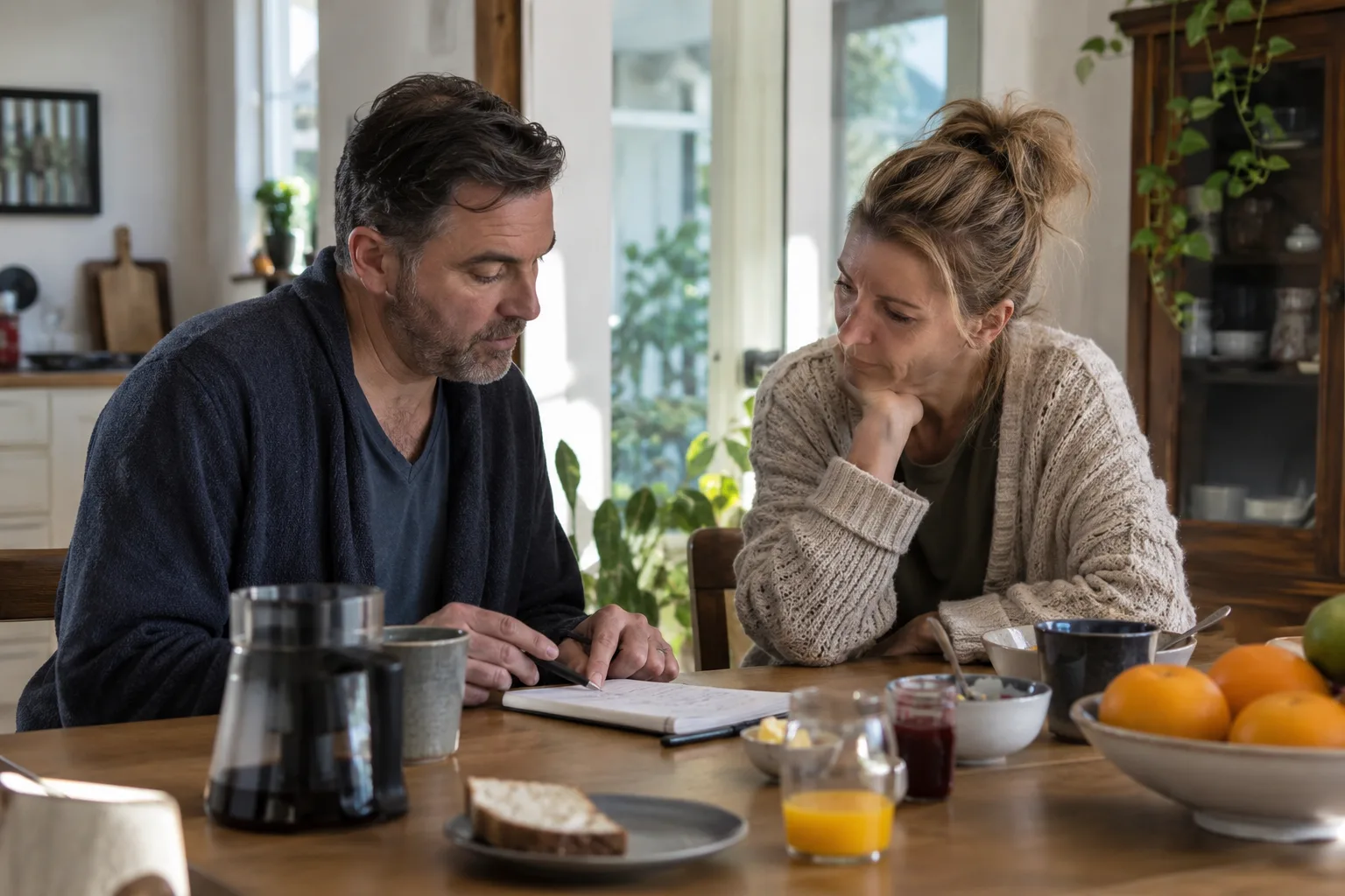 Een man bespreekt aan de ontbijttafel met zijn partner enkele notities over de afgelopen nacht.