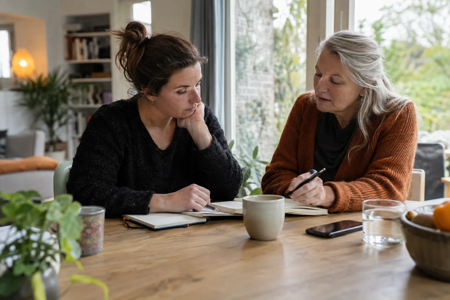 Een vrouw en haar begeleider vergelijken rustige persoonlijke notities aan een tafel met natuurlijk daglicht.
