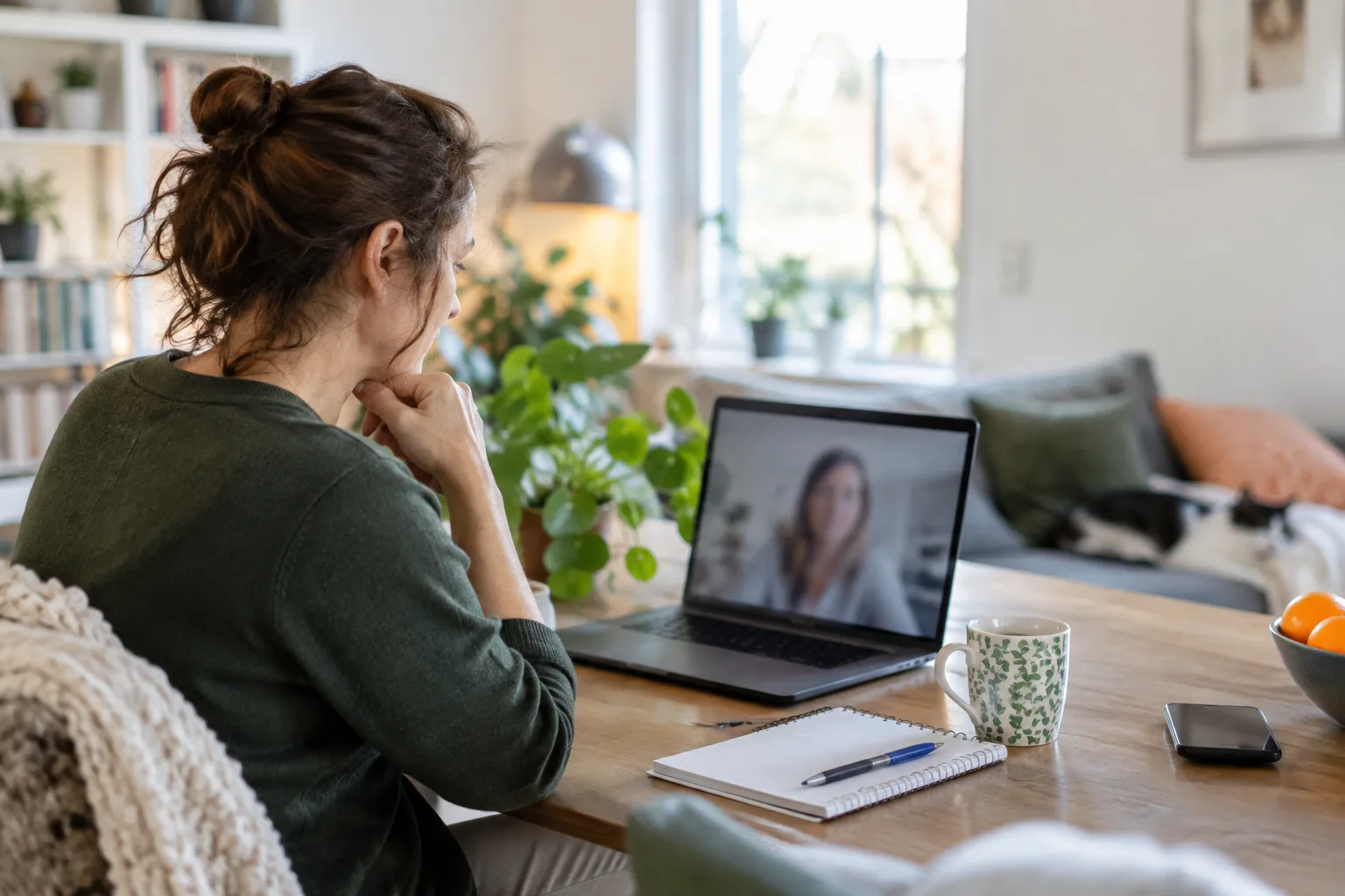 Een volwassene voert vanuit een lichte thuiswerkplek een rustig videogesprek; het scherm blijft onscherp en zonder leesbare gegevens.