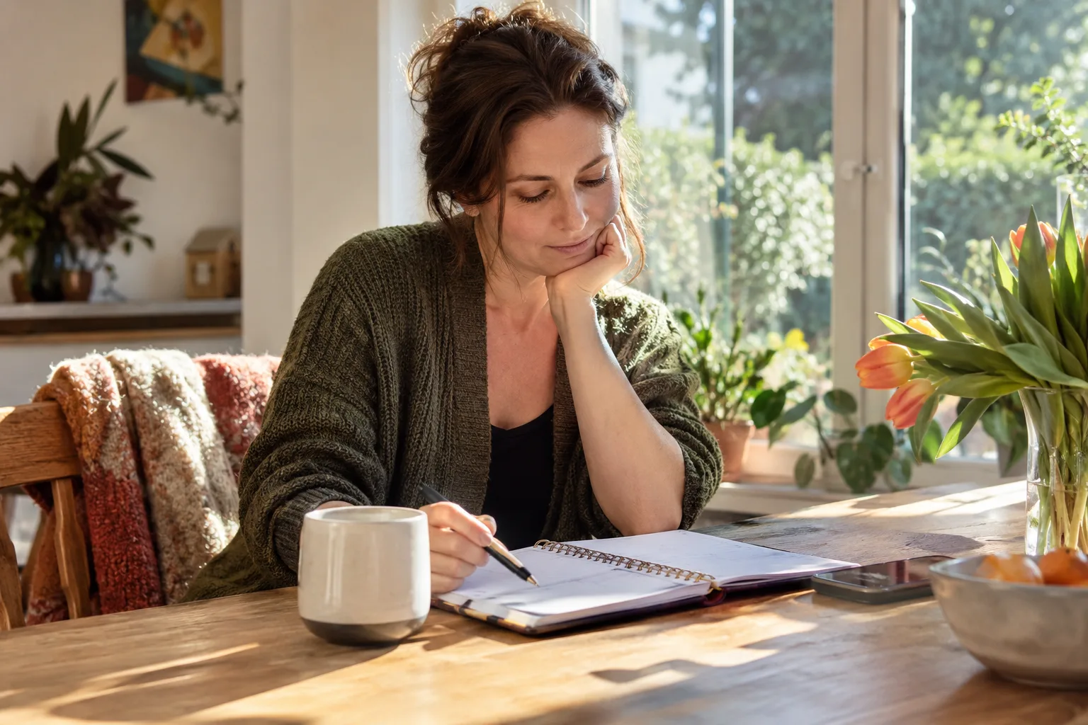 Een vrouw kijkt in haar agenda aan een zonnige tafel, met een plaid over de stoel en ruimte om de planning te wijzigen.