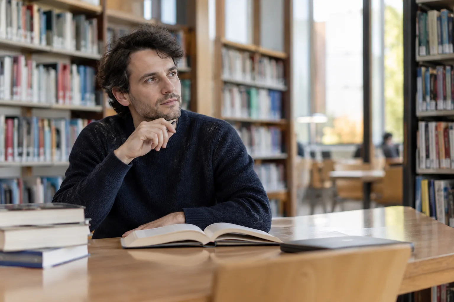 Een man kijkt even op van een boek aan een stille bibliotheektafel, aandacht op zijn rustige nadenkende gezicht.