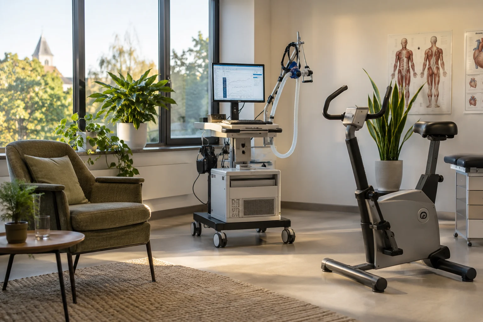 Onderzoeksruimte met fietsergometer en stoel voor een rustmeting.