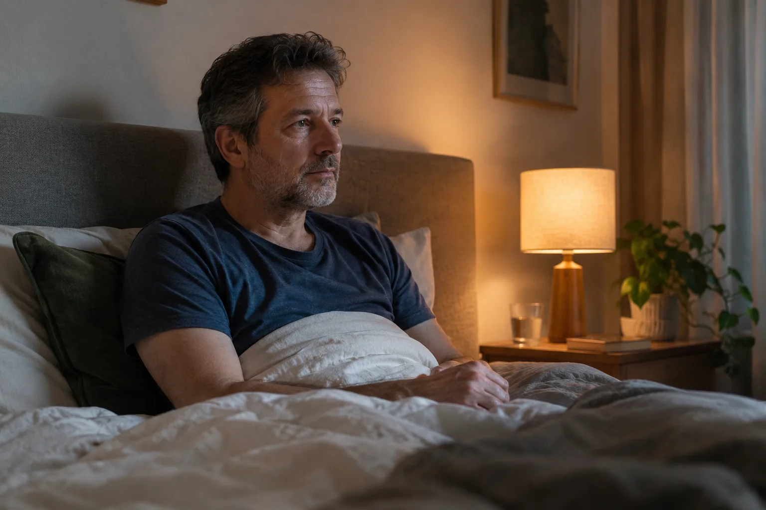Een volwassen man zit rechtop in bed naast een zacht brandende lamp; rustige aandachtige blik, geen dramatische wanhoop.