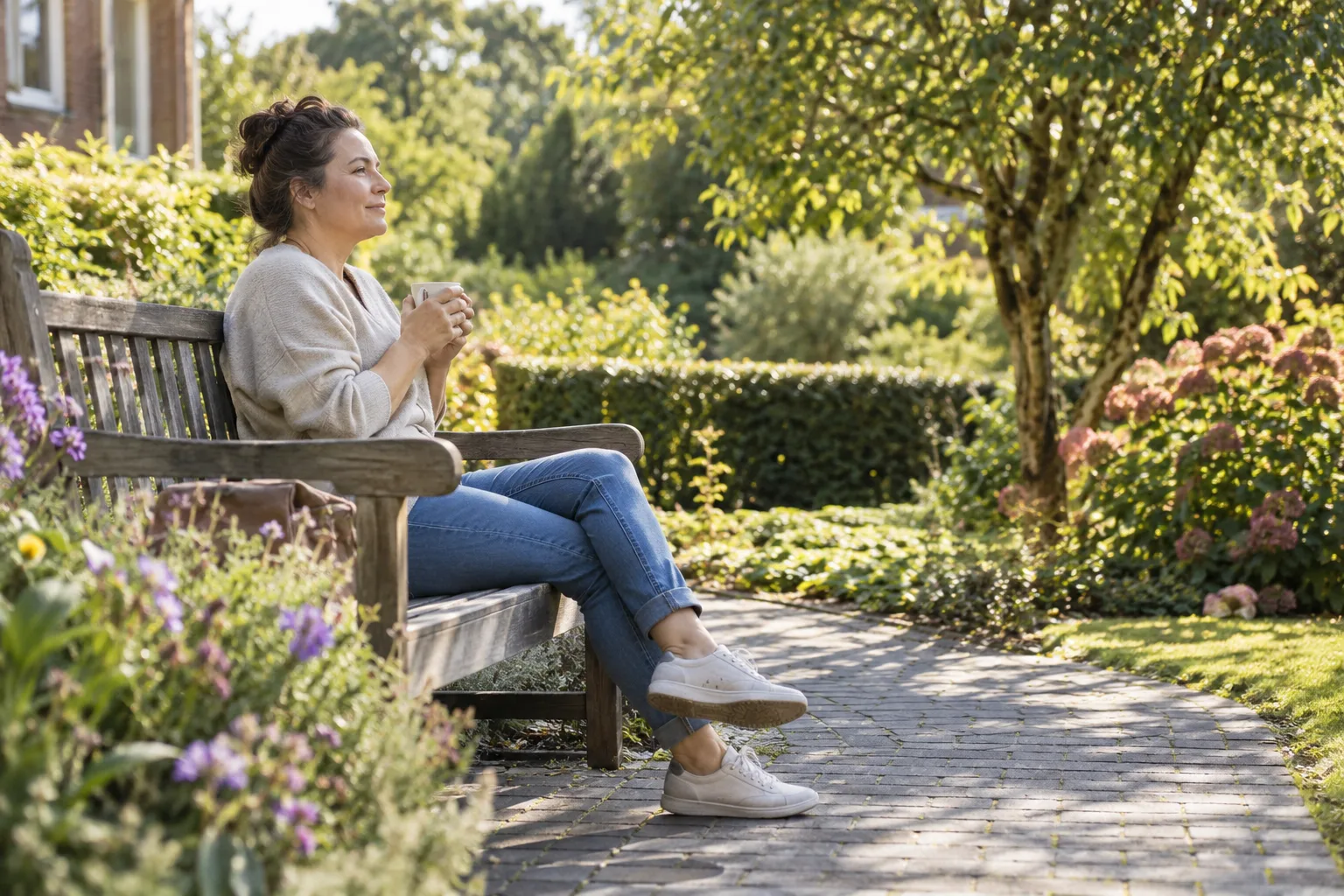 Een vrouw zit op een toegankelijke bank aan de rand van een zonnige tuin; een kort vlak pad ligt voor haar.