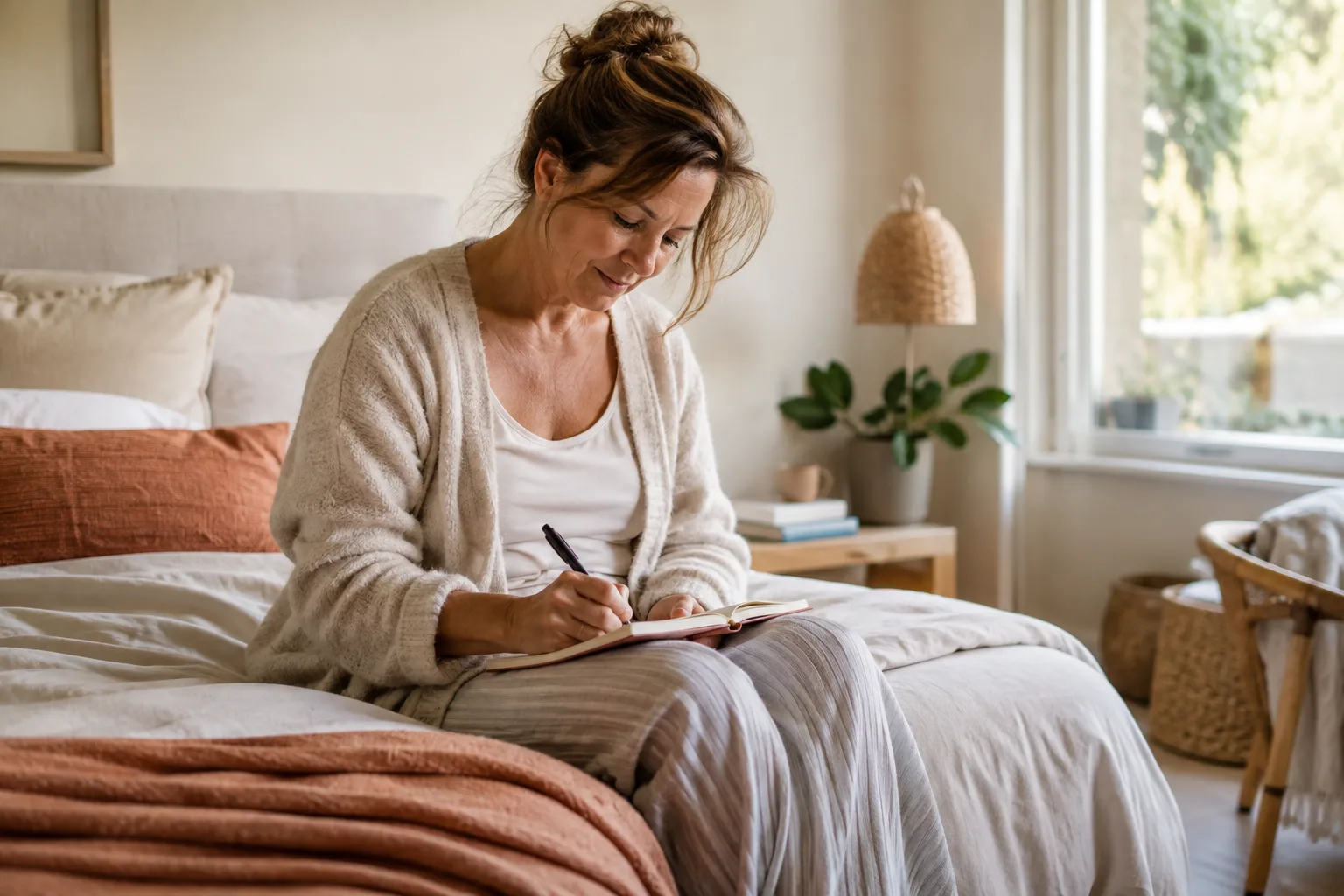 Een vrouw maakt in het ochtendlicht notities naast haar bed.
