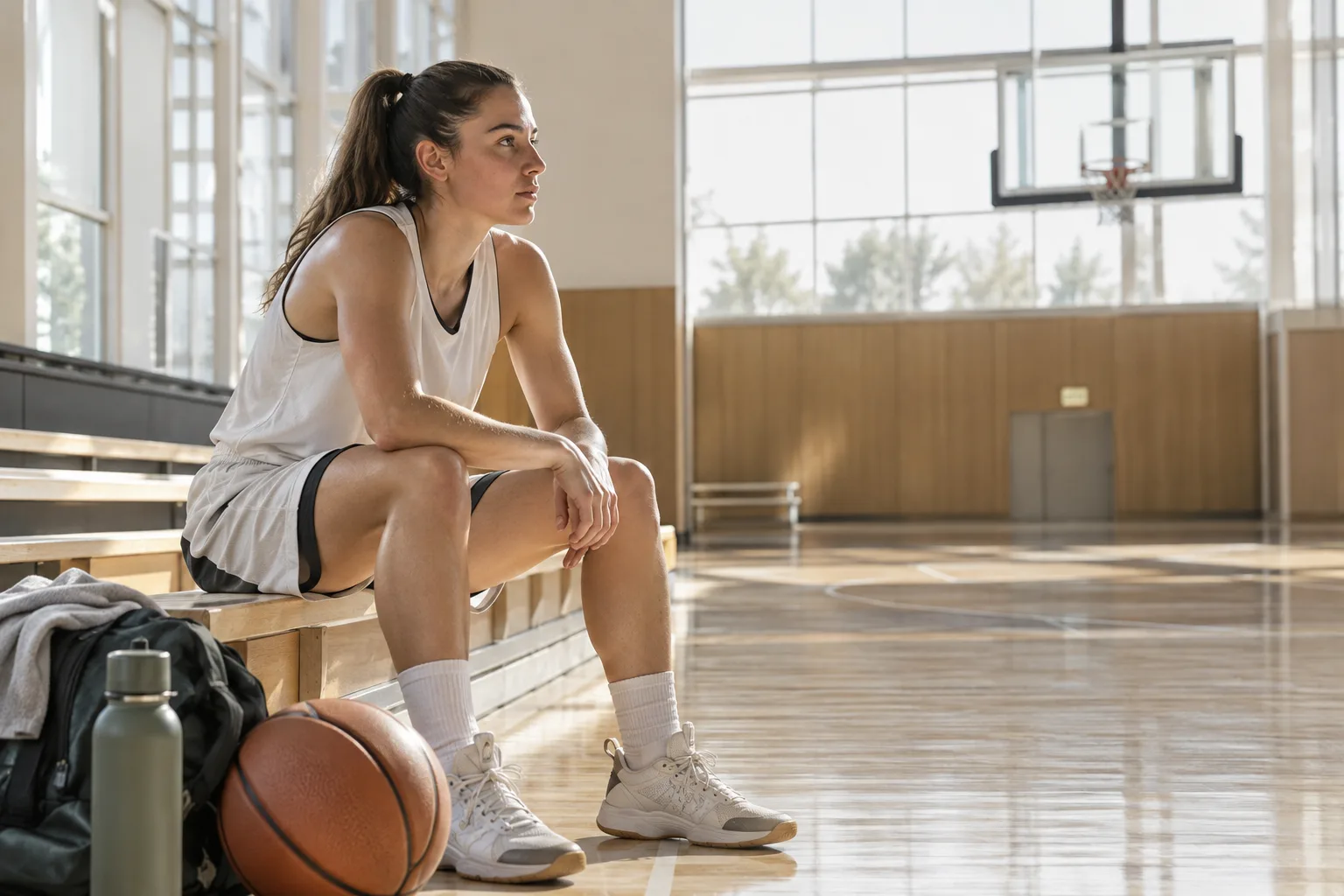 Een basketballer zit tijdens een rustmoment aan de rand van het speelveld.