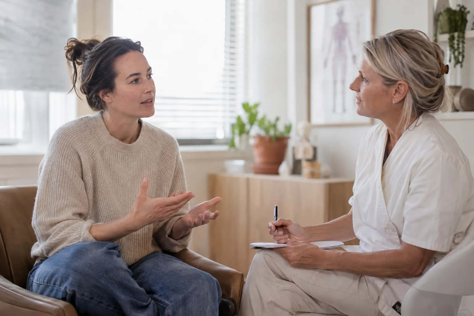 Een vrouw bespreekt haar doelen met een behandelaar in een rustige spreekkamer.