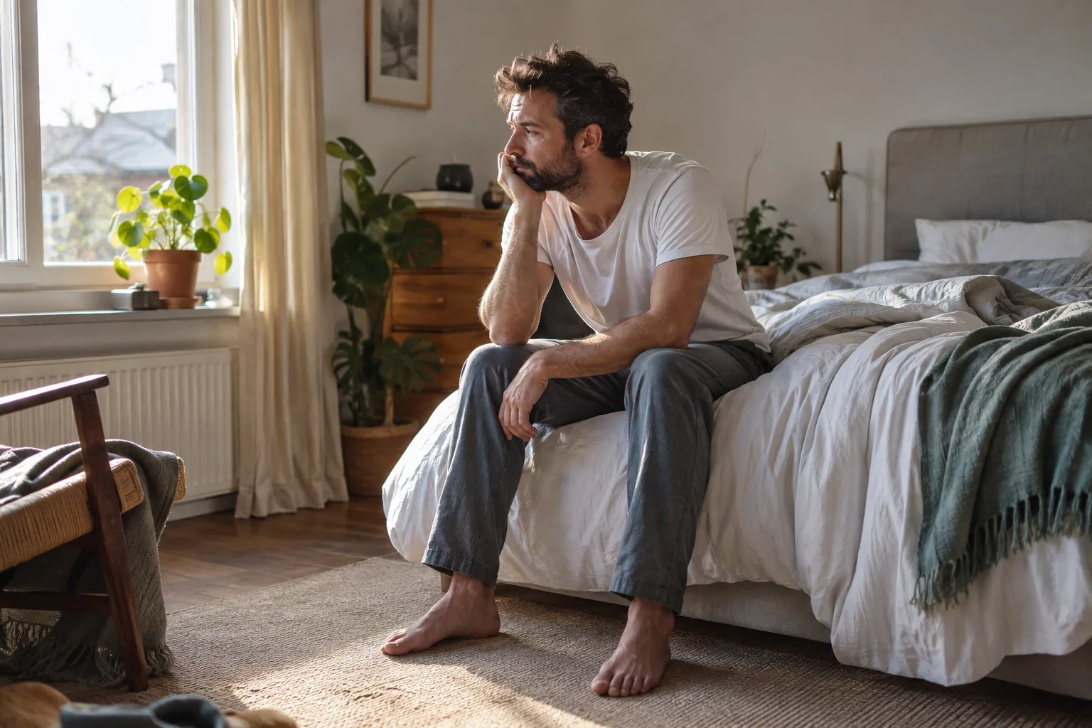Een man zit in het ochtendlicht op de rand van een bed met beide voeten op de vloer, nadenkend.