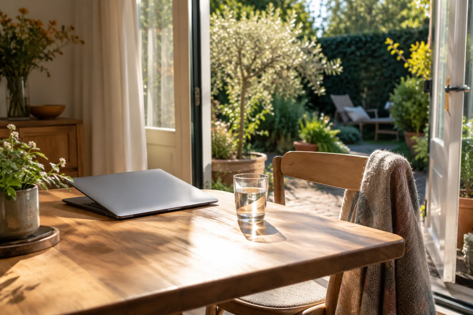 Een halfgesloten laptop en een lege stoel naast een open tuindeur; op een tafeltje staat een glas water in zonlicht.