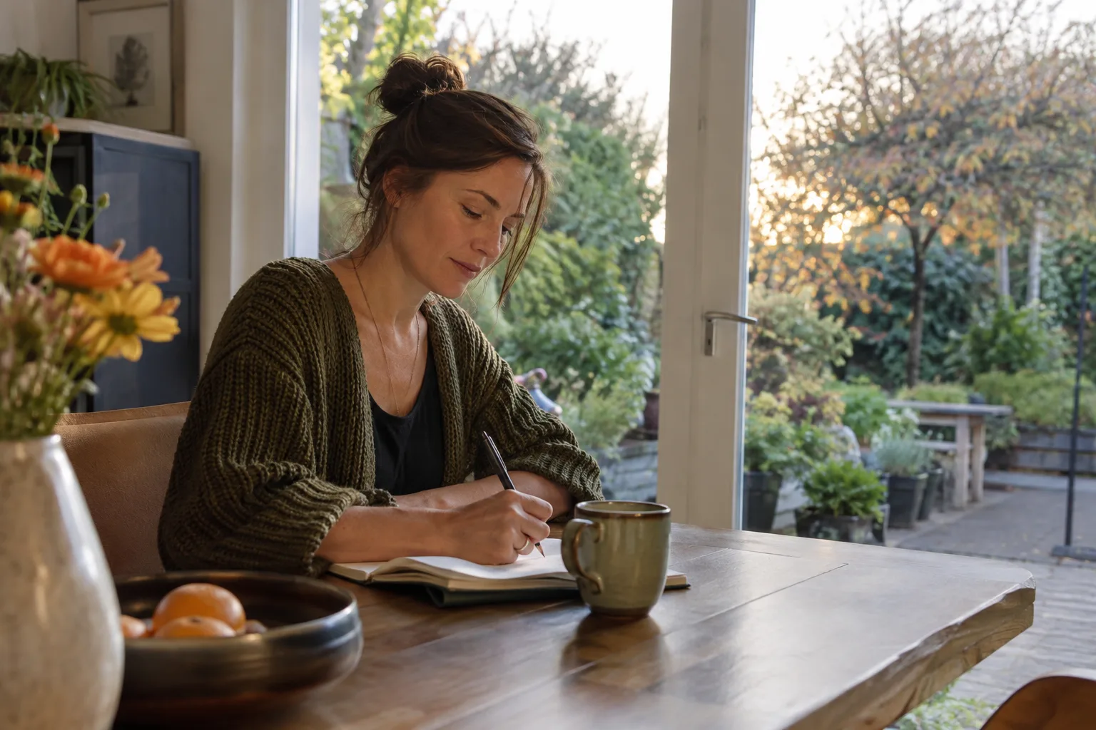 Een vrouw schrijft aan het eind van de middag enkele gedachten op in een notitieboek aan een tafel, met zicht op de tuin.