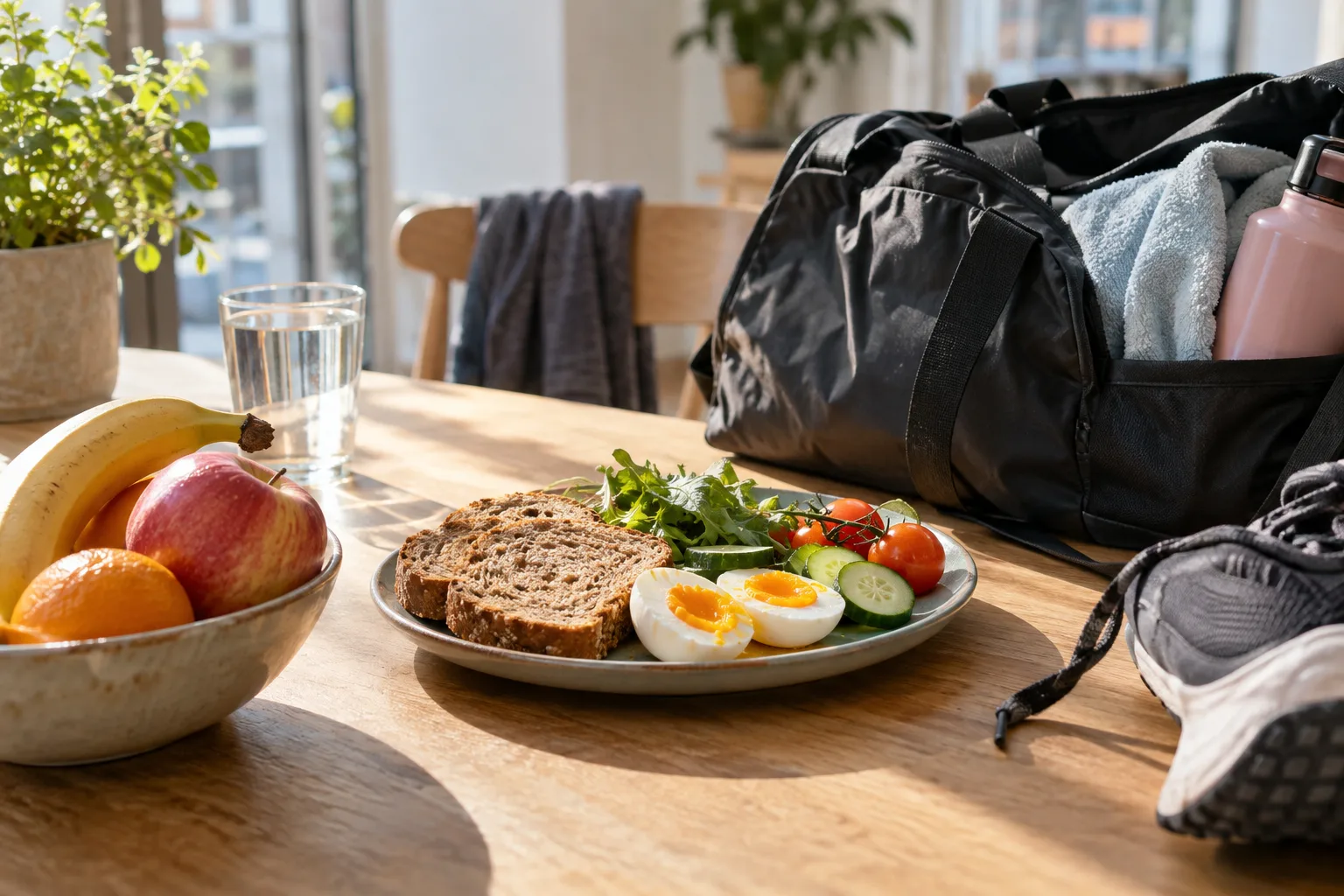 Een evenwichtige maaltijd met brood, groente, eieren en fruit staat naast een sporttas op een zonnige tafel.