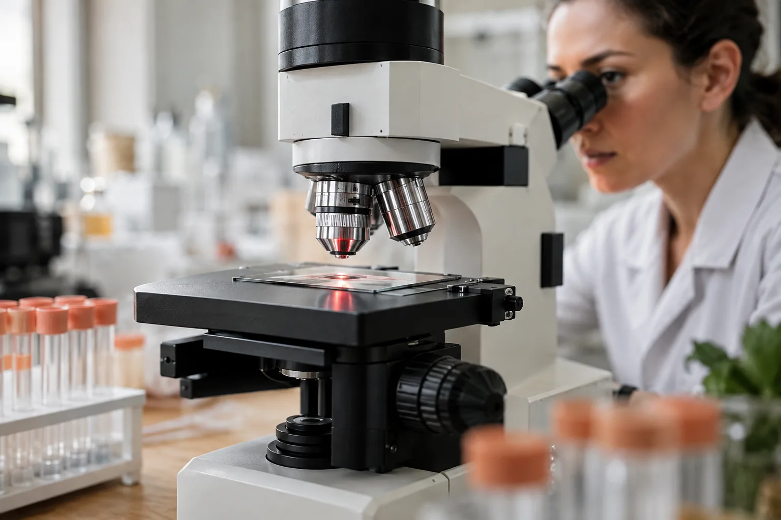 Een laboratoriummedewerker kijkt door een microscoop naar een preparaat.