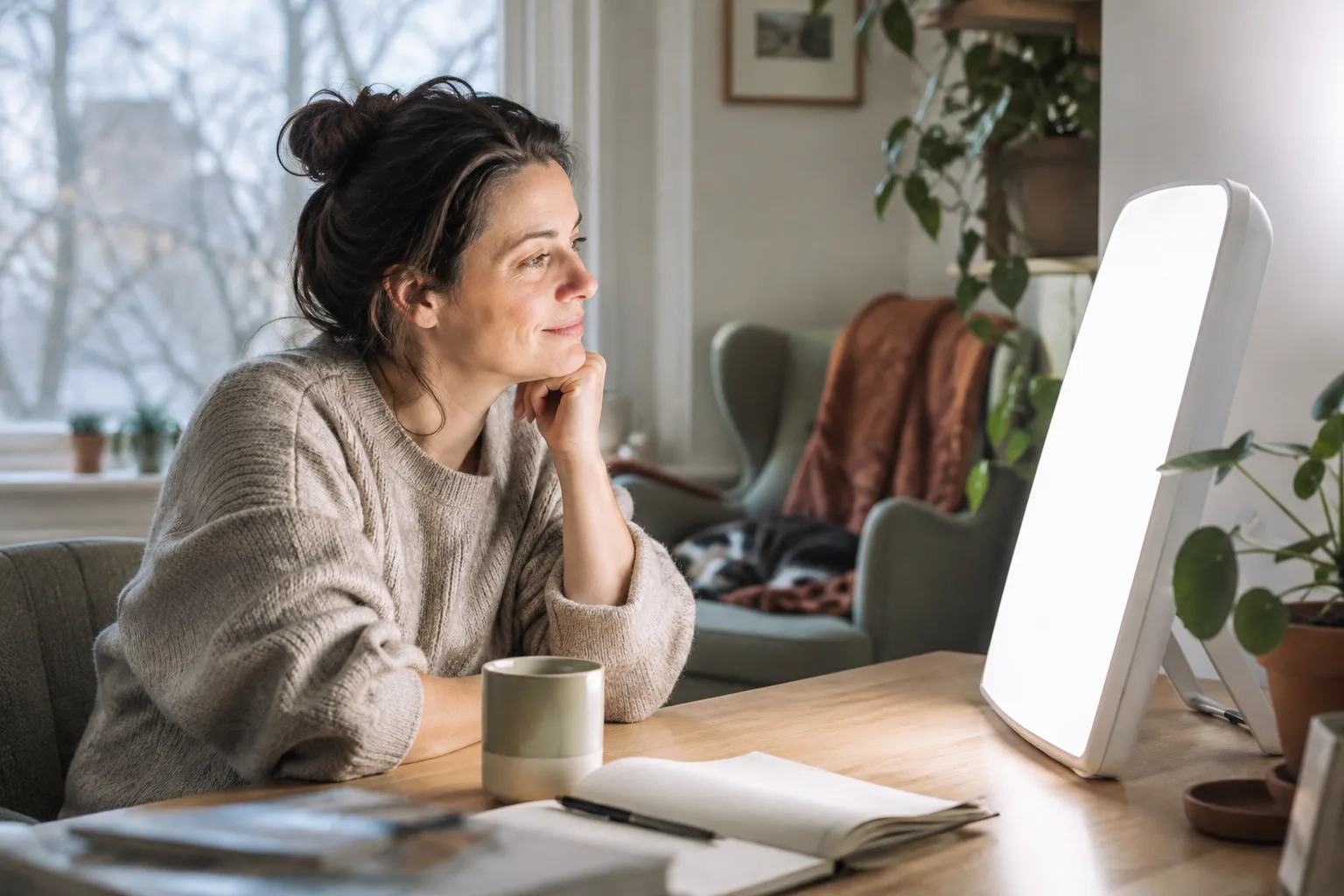 Een witte daglichtlamp op een bureau naast een zittende vrouw.