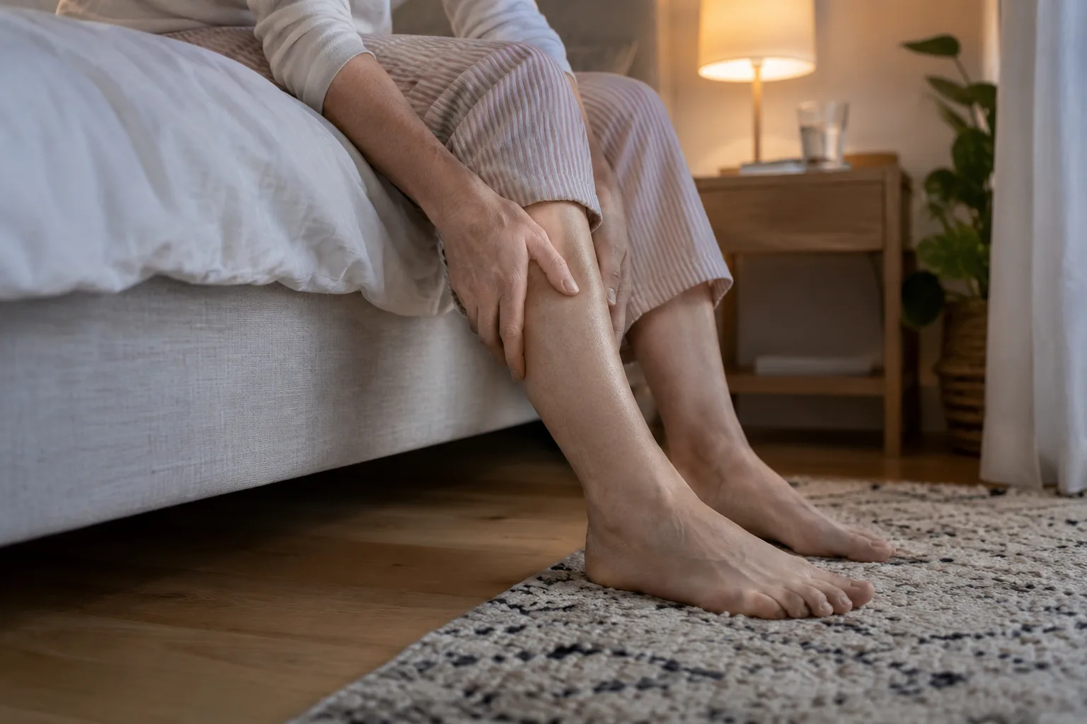 Close-up van blote onderbenen en voeten naast een bed, zittende volwassene in pyjamabroek, zachte rustige verlichting.
