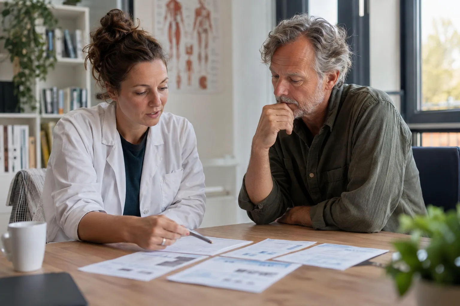 Een behandelaar en cliënt bekijken samen enkele neutrale informatievellen aan een bureau, met open en aandachtige lichaamstaal.