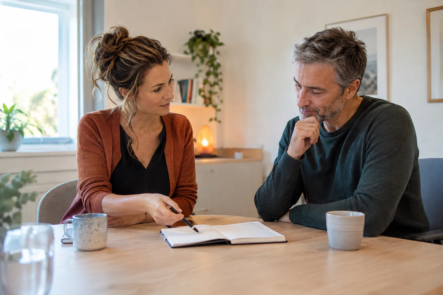 Een therapeut en volwassene bespreken een slaapdagboek in een lichte spreekkamer, vriendelijk en geconcentreerd.