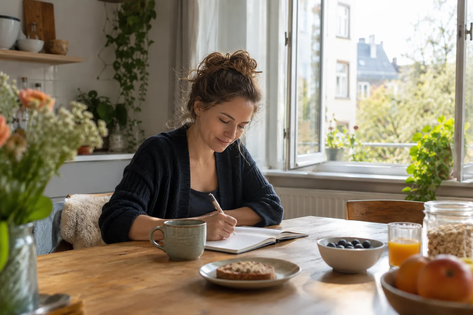Een vrouw maakt in de ochtend een korte notitie in een schrift aan een ontbijttafel bij een open raam.