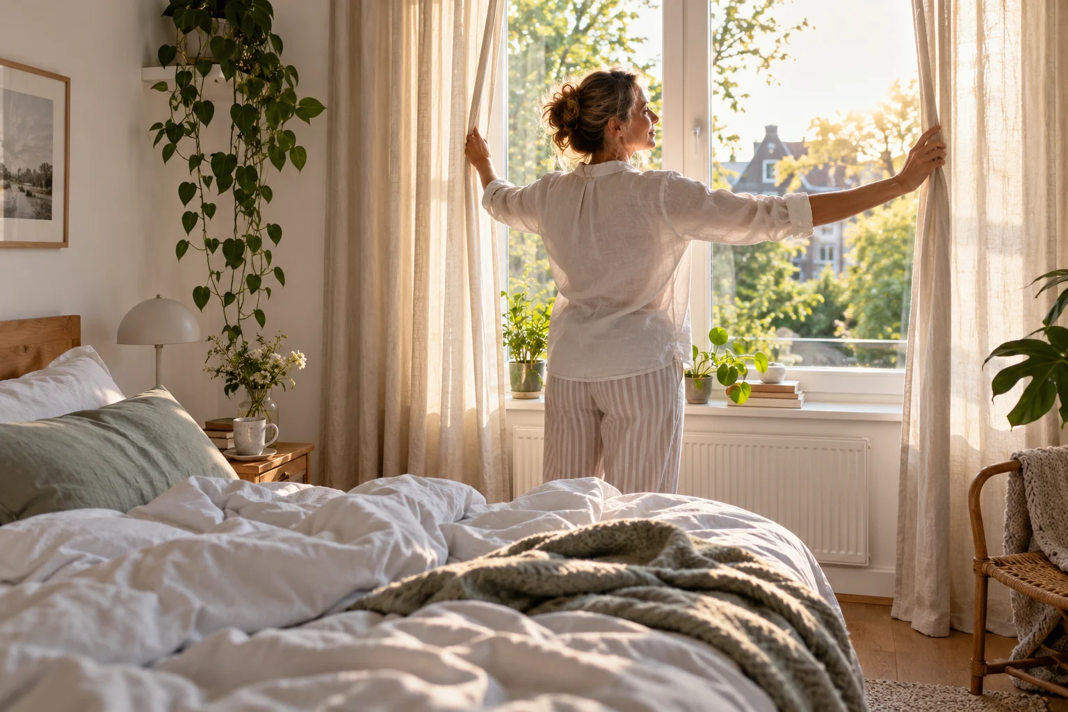 Vrouw opent in de ochtend de gordijnen van een lichte slaapkamer.