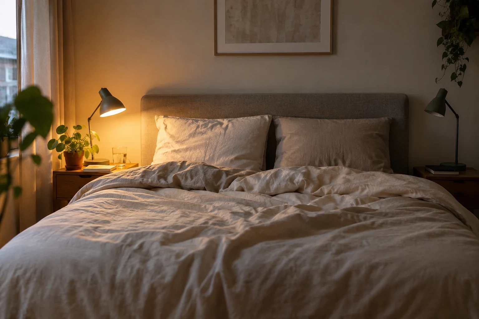 Slaapkamer met afzonderlijke leeslampen aan weerszijden van het bed.