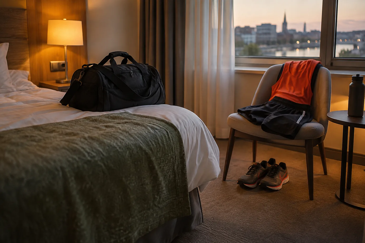 Een rustige hotelkamer met gesloten sporttas en klaargelegde wedstrijdkleding op een stoel, zacht avondlicht.