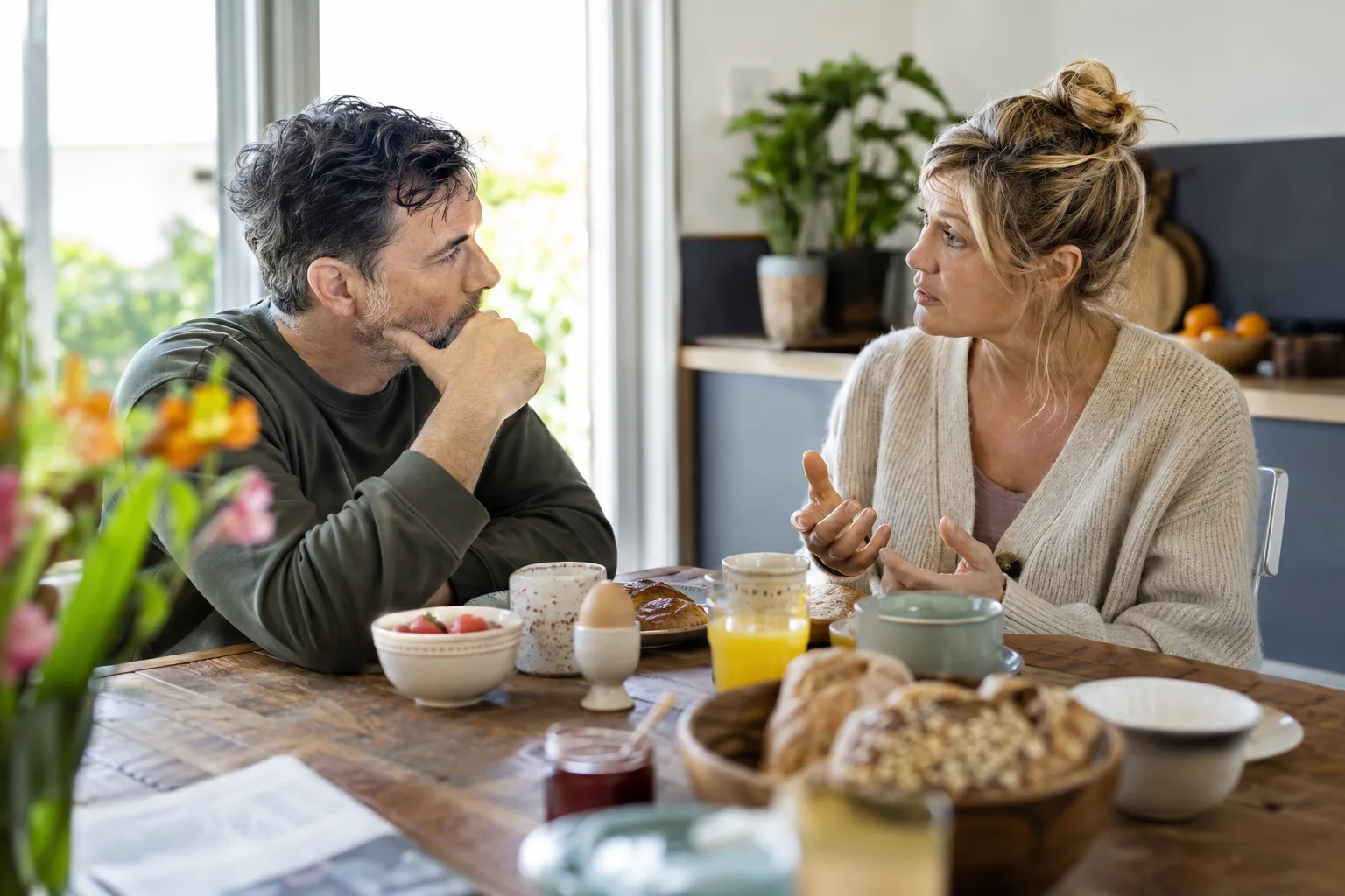 Een volwassen stel bespreekt aan de ontbijttafel een nachtelijke ervaring, luisterend en zonder medische apparatuur.