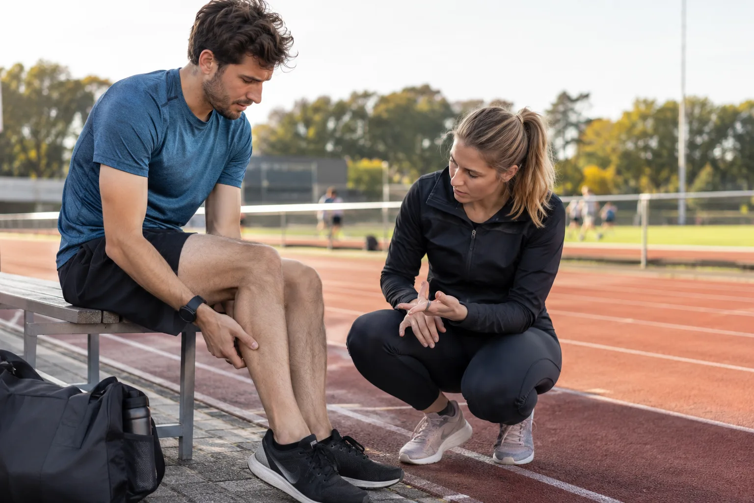 Een sporter zit op een bankje naast de atletiekbaan en wijst tijdens een gesprek met een fysiotherapeut naar zijn kuit.