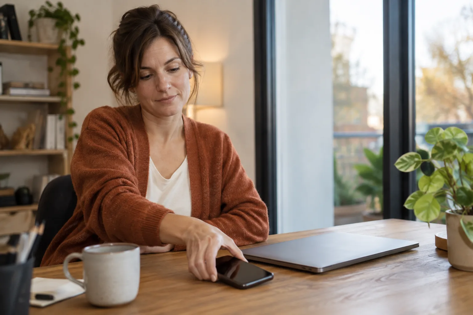 Een vrouw legt bewust haar werktelefoon met donker scherm weg naast een gesloten laptop aan het einde van de werkdag.